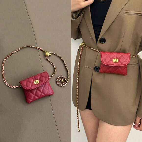 Burgundy Fashionable Women's Faux Diamond Embroidered Chain Mini Shoulder Bag - Picture 1 of 5